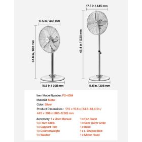 16-Inch High Velocity Pedestal Fan, 1450 CFM Industrial Standing Floor Fan With Handle, 75° Oscillating, 3-Speed Adjustable Height, Metal Made Fo