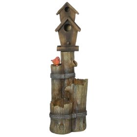 Outsunny Outdoor Fountain with Birdhouse, Cascading Garden Waterfall Bird Bath with 3-Tier Rustic Tree Trunk & LED Lights for Porch, Deck, Yard,