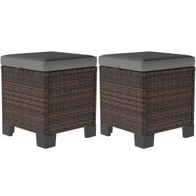 Outsunny 2 Pieces Wicker Outdoor Ottomans with Cushions, Rattan Ottoman Footrest & Side Table for Patio Yard Poolside, Gray