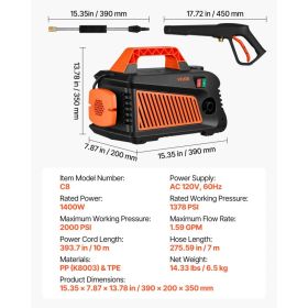 Electric Pressure Washer, 2000 Max PSI 1.59 Max GPM, Portable Power Washer With 4 Nozzles, Metal Extension Wand, Built-in Carry Handle, Compact & (Option: Black)