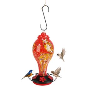 1Pc Glass Hummingbird Feeder 33OZ Hand Blown Hummingbird Feeder With 5 Flower Feeding Port Perch Ant Moat Hanging Hook S Hook Hemp Rope Cleaning (Color: Red)