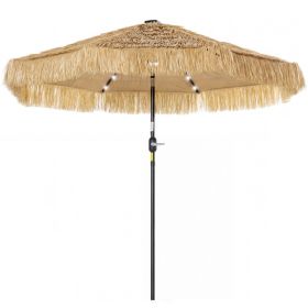 9 ft Hula Thatched Tiki Patio Umbrella with LED Solar Light, Outdoor Umbrella with Crank, Tilt, UPF30+, Khaki (Option: Khaki-1500x210x210 mm)
