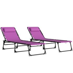 2 Folding Chaise Lounge Pool Chairs with 4-Position Reclining Back, Pillow, Breathable Mesh & Bungee Seat, Purple (Option: Purple-770x270x600 mm)