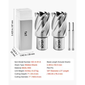 Annular Cutter Set, 4 Pcs Weldon Shank Mag Drill Bits Kit, 1" Cutting Depth, 1" Cutting Diameter, HSS, 2 Drill Bits With 2 Pilot Pins And Plastic (Option: Black)