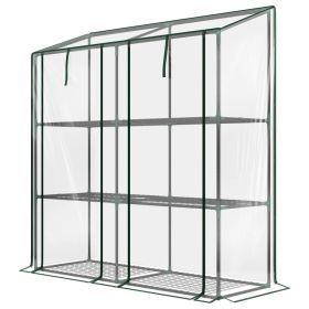 Lean-to Greenhouse, Portable Greenhouse With 3 Tier Shelves, 2 Roll-Up Zippered Doors, Clear (Option: Clear)