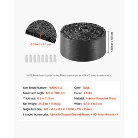 Rubber Mulch Mat Roll, 4 Rolls 120 X 4.5 In, Recycled Rubber Permanent Mulch Edging Border, Natural-Looking Flower Barrier With Stakes, 0.5 In Th (Option: Black)