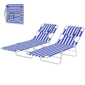 2 Tanning Chairs with Face Hole, 5-Level Adjustable Outdoor Chaise Lounge Chair with Pillow for Beach, Pool, Blue Stripe (Option: Blue Stripe-730x230x580 mm)