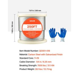 1/4 Inch Wire Rope, 250 Ft Length, Zinc Galvanized Carbon Steel Cable With Gloves, 7000 Lbs Breaking Strength, 7 X 19 Strands Construction, Wire (Option: Black)