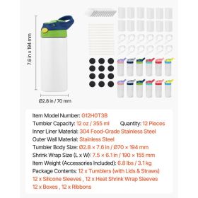 Sublimation Tumblers, 12 Pack, 12 Oz Kids Sublimation Water Bottles, Food-Grade Stainless Steel Cups With Lids And Straws, Double Wall Insulated (Option: Black)