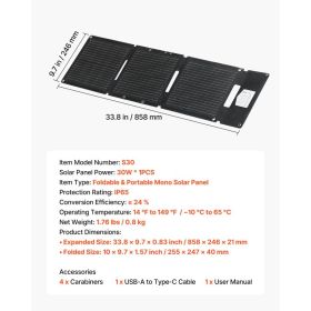 30W Foldable Solar Panel Charger, 16BB N-Type Monocrystalline Solar Panel 24% Efficiency, Ultra-Light Portable With USB-A, USB-A (QC3.0) & Type-C (Option: Black)