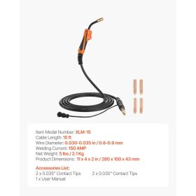 150A MIG Welding Gun With 15FT Cable, Replacement For Miller M-15/M-150 (249041) - With 5PCS Mig Welding Contact Tips (Option: Black)