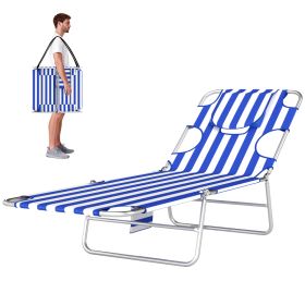 Tanning Chair with Face Hole, 5-Level Adjustable Outdoor Chaise Lounge Chair with Pillow for Beach, Pool, Blue Stripes (Option: Blue Stripes-720x110x570 mm)