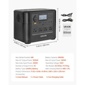 Portable Power Station, 1200W Solar Generator Power Station, 806Wh LiFePO4 Battery Backup With 10 Output Ports For Home Emergency, Outdoor Campin (Option: Black)
