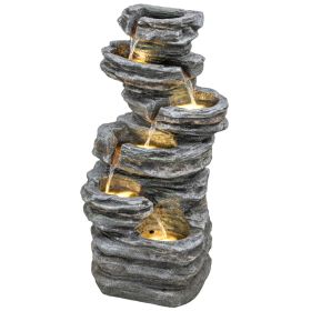40" Tall Outdoor Waterfall Fountain with LED Lights, 6-Tier Cascading Waterfall Feature, Resin Garden Fountain, Gray (Option: Gray-600x440x1100 mm)