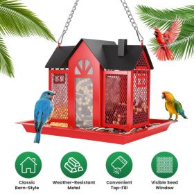 Metal Hanging Bird Feeder House Classic Barn Bird Feeder House Iron Hanging Outdoor Feeder With Visible Window And Lift Top Lid 15.75in Hanging L (Option: Red)