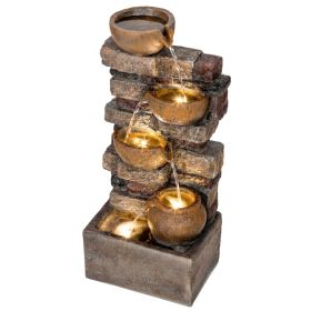 28" Outdoor Fountain with 5-Tier Rustic Jugs, Cascading Waterfall with LED Lights, Adjustable Flow, Rustic Brown (Option: Rustic Brown-435x350x780 mm)