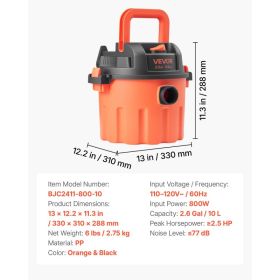 Shop Vac, 2.6 Gallon Dry Shop Vacuum, 2.5 Peak HP Portable With 800W Input Power, Various Nozzles, 1.25in Diameter X 4ft Hose, 9.2ft Cord For Hom (Option: Black)