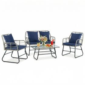 Outdoor Four-piece Garden Furniture Set, Rattan Garden Set, Equipped With Thick Interlayer Structure Cushions, Deep-set All-weather Rattan Sofa (Option: Blue)