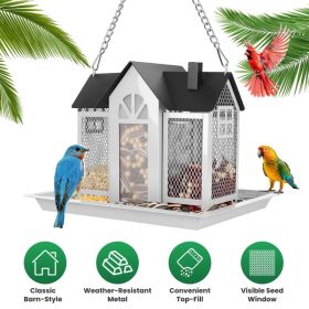 Metal Hanging Bird Feeder House Classic Barn Bird Feeder House Iron Hanging Outdoor Feeder With Visible Window And Lift Top Lid 15.75in Hanging L (Option: White)